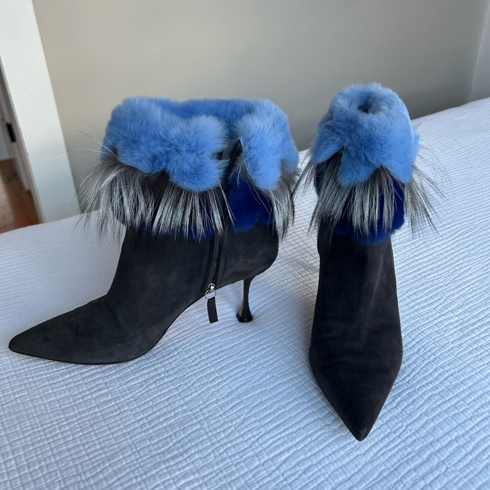 Manolo Blahnik Black booties with fur trim